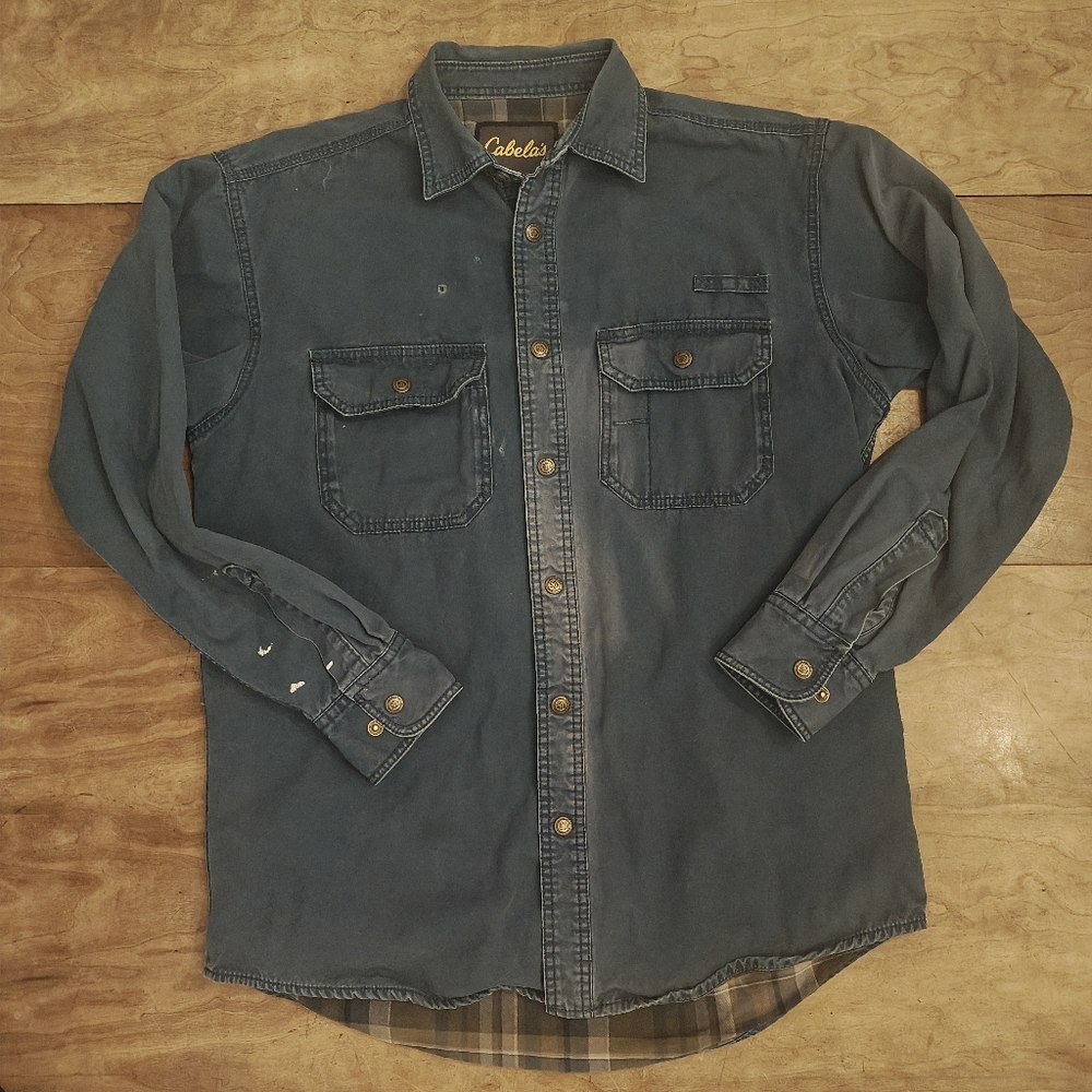 Cabela's Roughneck Blue Snap-Front Chore Coat Thrashed Workwear Medium Tall